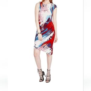RACHEL Rachel Roy Abstract Print Asymmetrical Dress in Red, Blue, and White